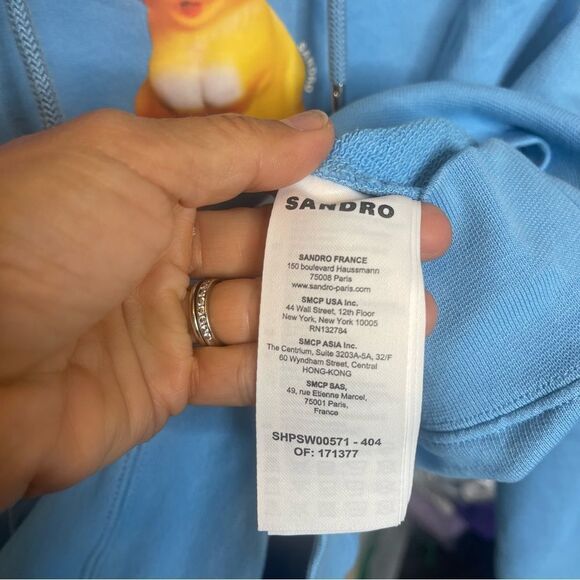 $340 Sandro Rabbit print blue hoodie sweatshirt NWT Small - Picture 9 of 10